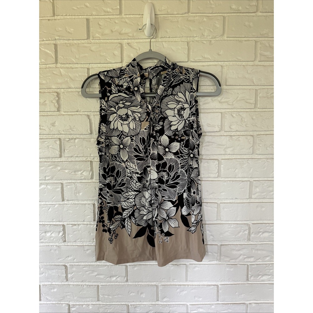 Tommy Hilfiger‎ Women's Size S Knot Neck Floral Tan & Black Sleeveless Blouse